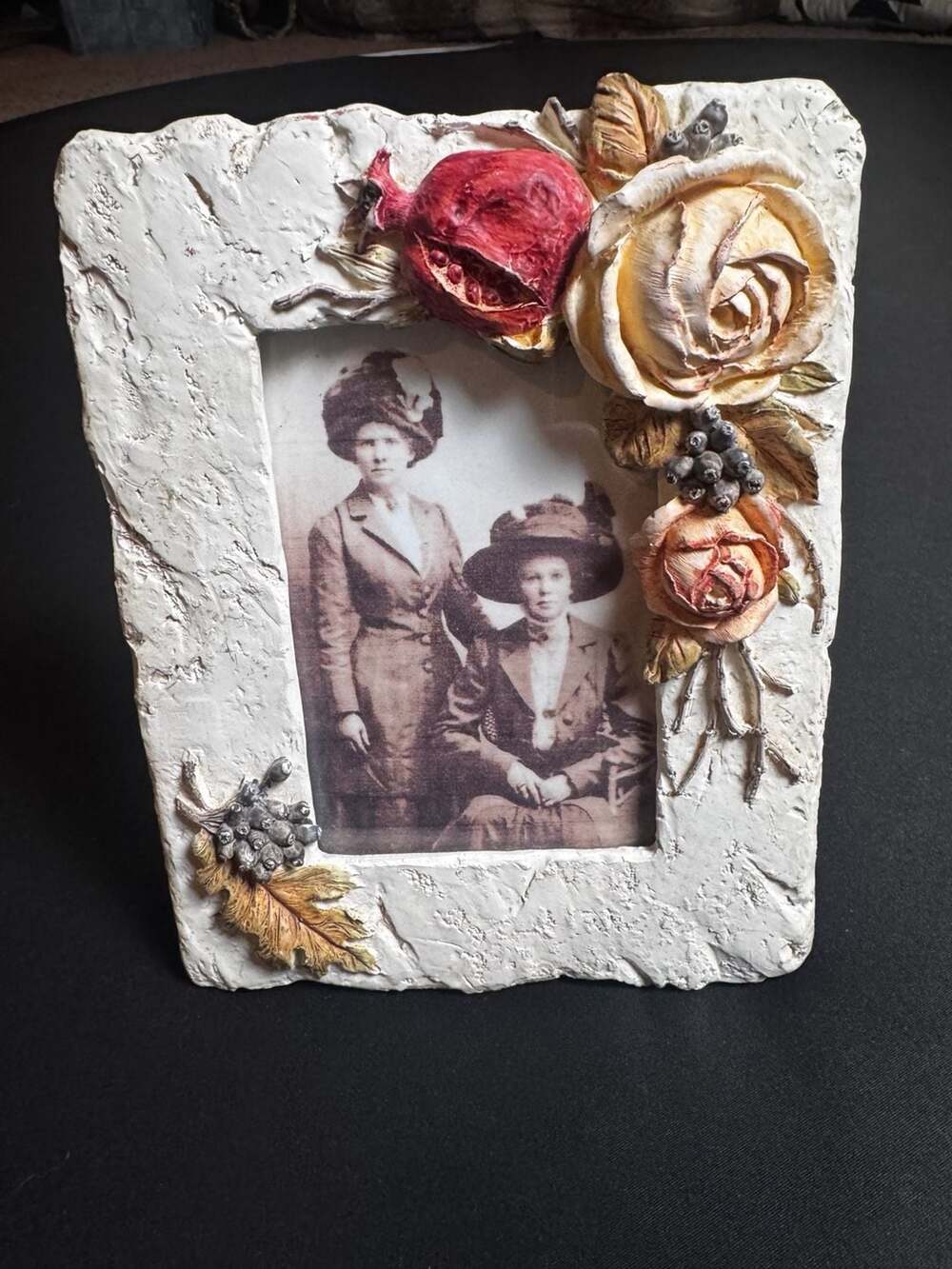 Vintage 3D Floral Resin Picture Frame with Roses and Pomegranate Accents
